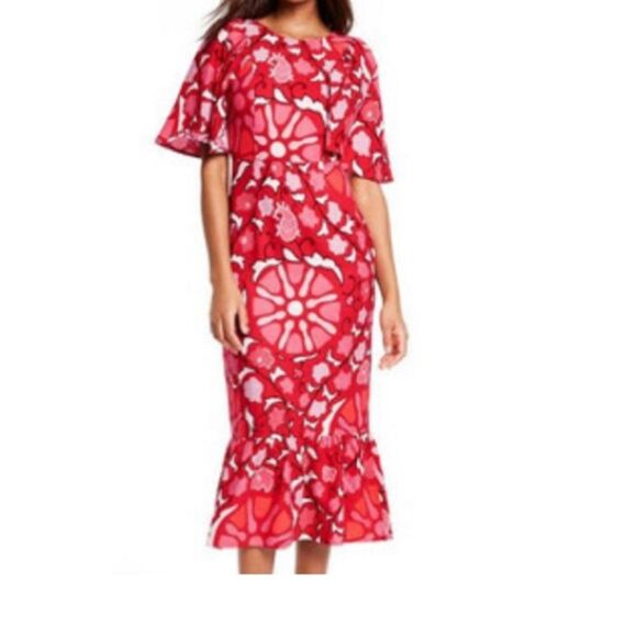 Rhode x Target Red Floral Linen Blend Midi Dress Ruffle Hem Short Sleeve 4 NWT - Picture 3 of 10